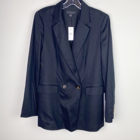 Ann Taylor Black Double breasted linen cotton blend Blazer NWT size 8 - Picture 3 of 16